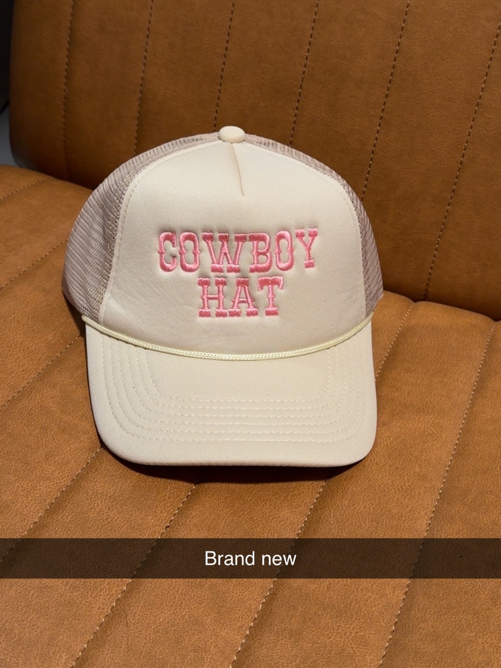 Kenz Kustoms Cream Trucker Hat with Pink 'COWBOY HAT' Embroidery